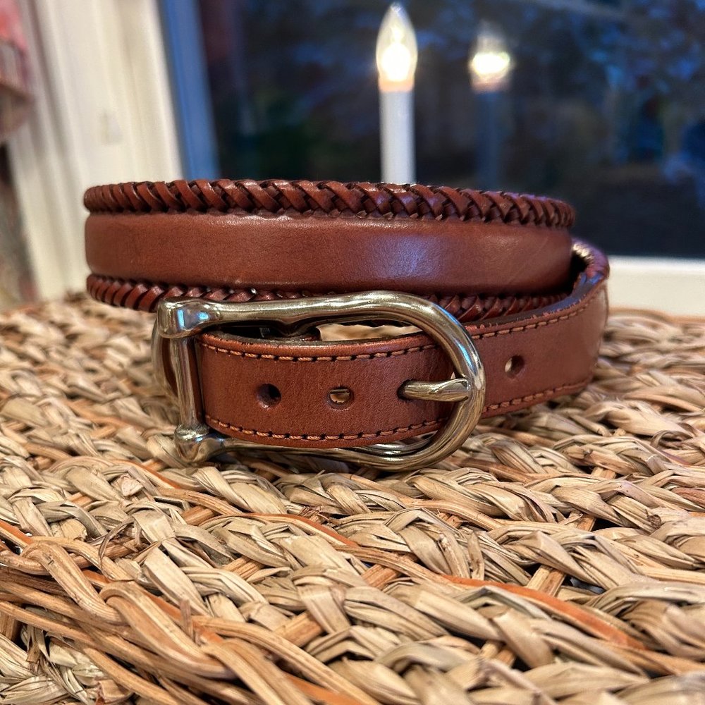 Vintage WILLIS & GEIGER Brown Leather Western Belt Braided Whipped-stitched Edge
